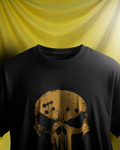 Close-up of Qurrito’s Shadow Skull Graphic T-Shirt in black. The detailed skull artwork highlights a mysterious, bold mood — ideal for dark streetwear fashion enthusiasts.