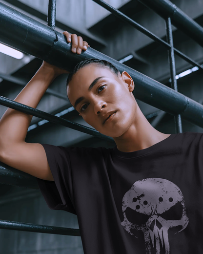 Model in Qurrito’s Shadow Skull Urban Fashion T-Shirt for men. The black cotton tee with a bold skull design reflects a mysterious, dark, and confident streetwear attitude.