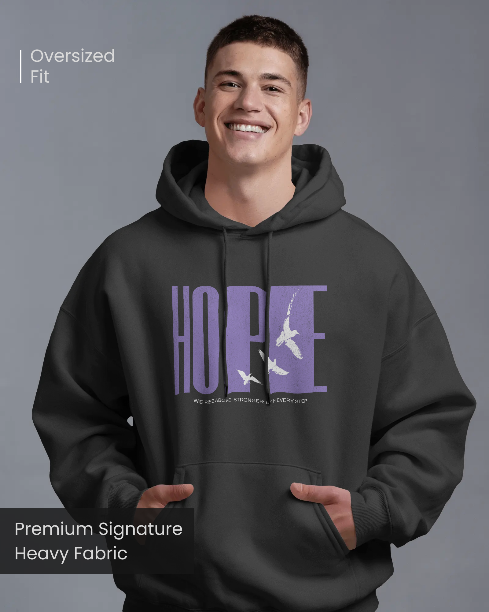 Model wearing Qurrito’s Black Streetwear Hoodie – Hope Unisex Oversized Hoodie made from premium heavy fabric, featuring “HOPE” graphic with white birds in purple print, showcasing relaxed oversized fit.