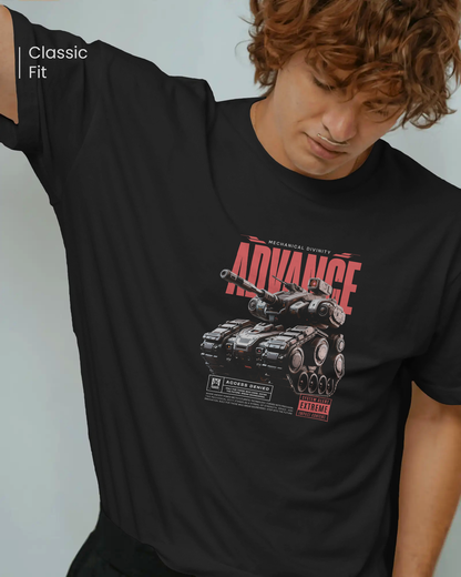 Close-up of a male model wearing the bold and confident Qurrito Tactical Edge T-shirt. This classic fit unisex tee features a serious War Machine (tank) graphic on black fabric.