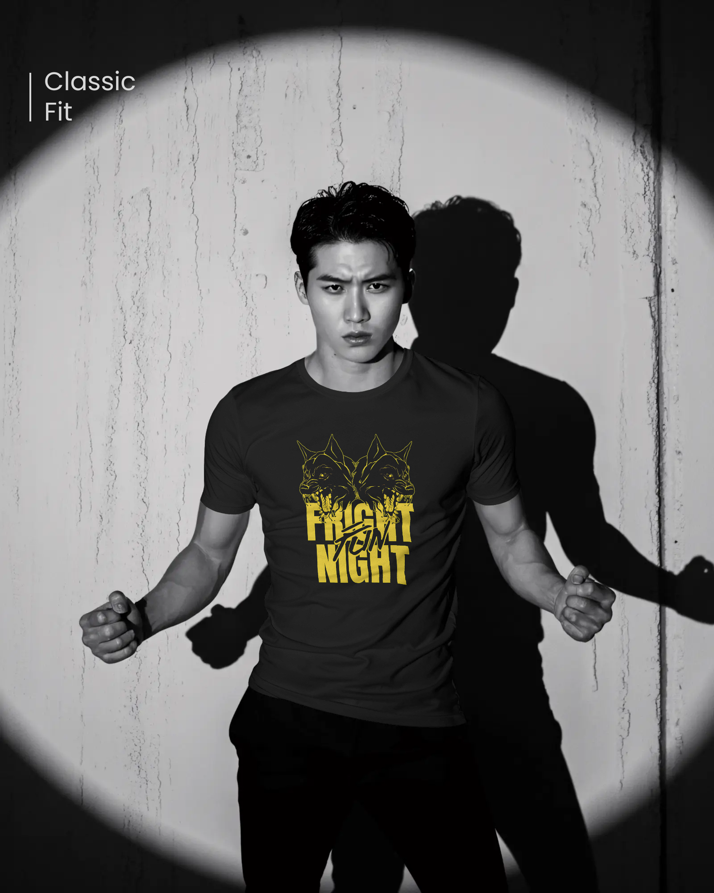 Bold Wolf Graphic T-Shirt for a confident style. Black Regular Fit tee with yellow "Fright Night" print. Night Prowler design by Qurrito brand apparel.