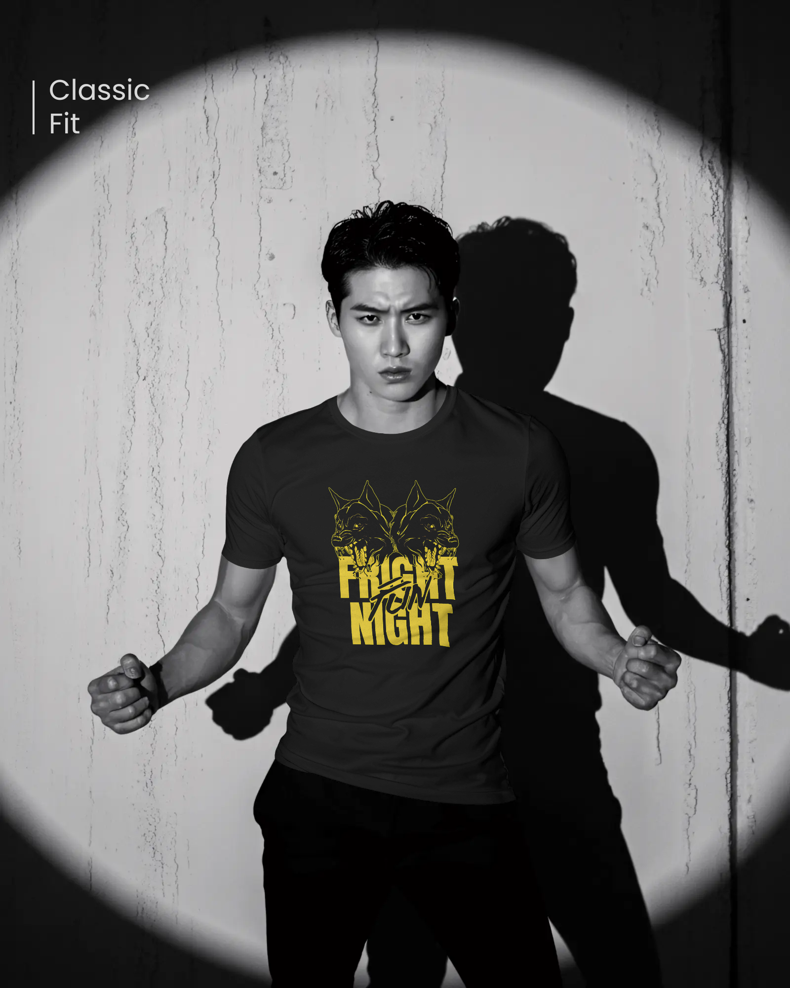 Bold Wolf Graphic T-Shirt for a confident style. Black Regular Fit tee with yellow "Fright Night" print. Night Prowler design by Qurrito brand apparel.