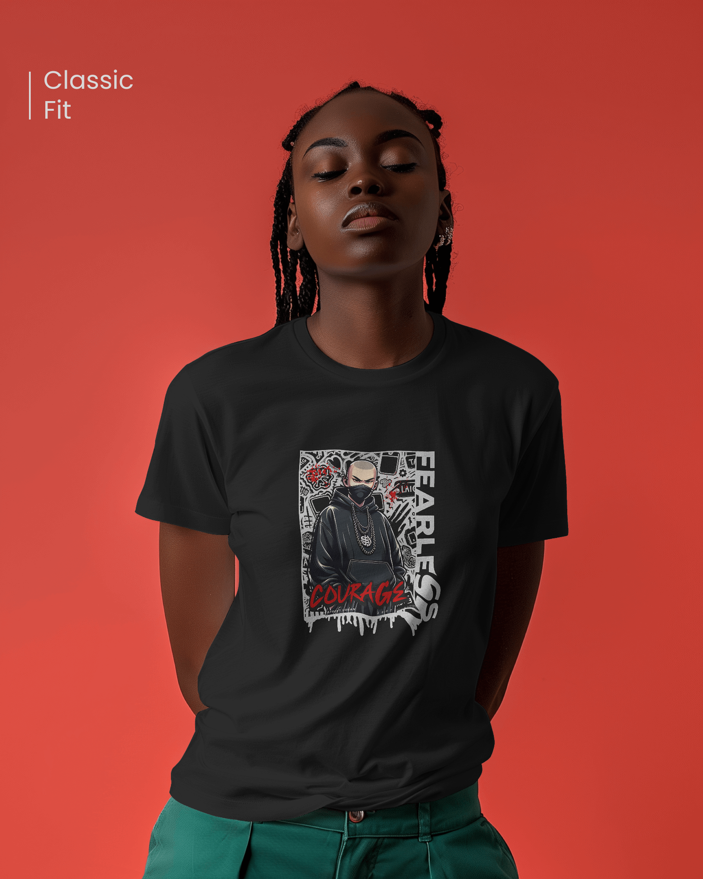 Bold anime graphic streetwear T-shirt, dark urban style, featuring a masked figure. Classic fit cotton tee with courage and fearless text.