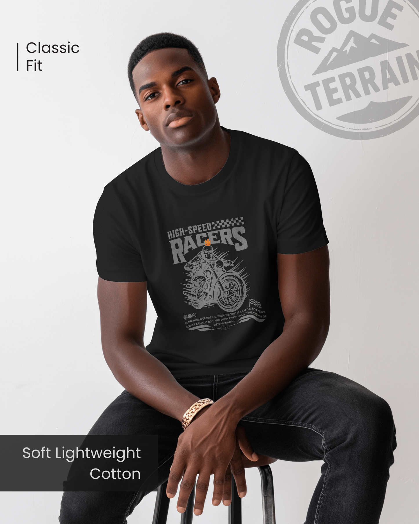 Bold and Energetic Mood Flame Rider skull biker T-Shirt. Part of the Rogue Terrain Collection by Qurrito. Regular Fit for high-speed street style.