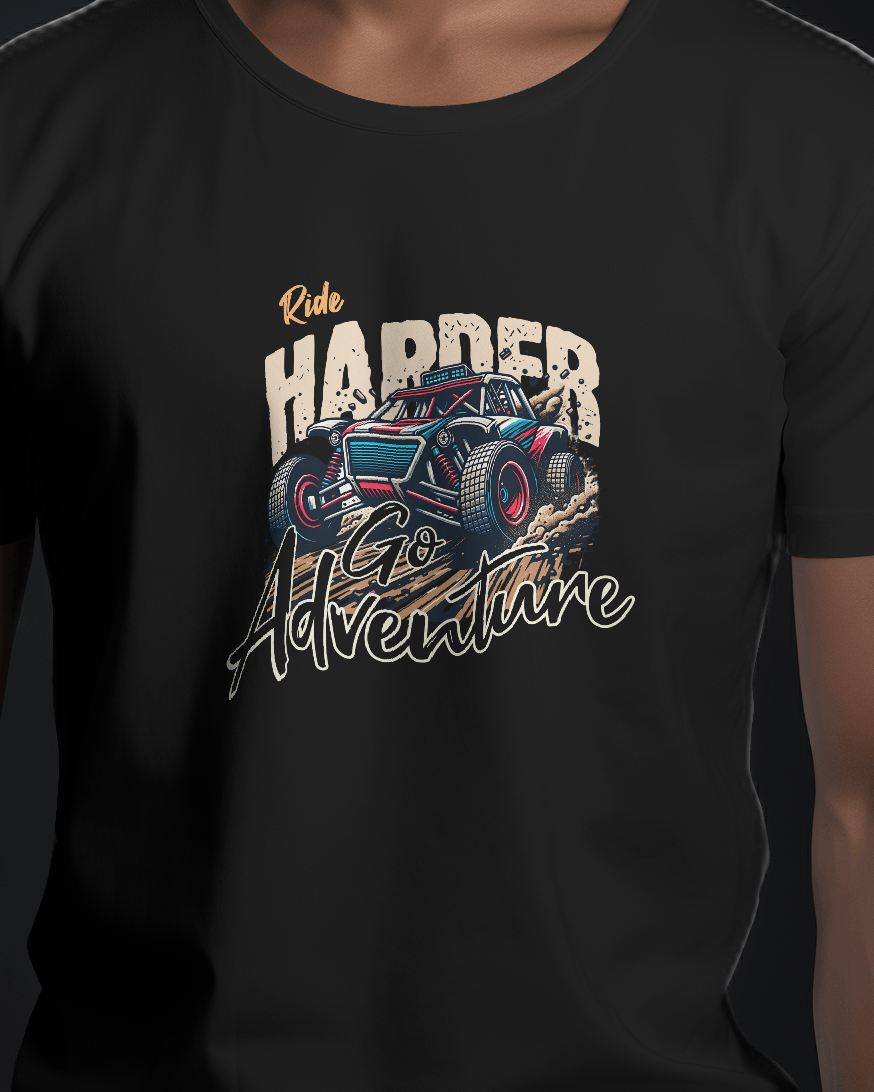 Male model styled in Qurrito’s Ride Hard Offroad Buggy Illustration Graphic T-Shirt, a regular-fit cotton tee that radiates high-octane energy. Designed for those who live loud and drive harder, this tee captures energetic, pumped, grumpy, and irritated moods through its bold offroad-inspired design.
