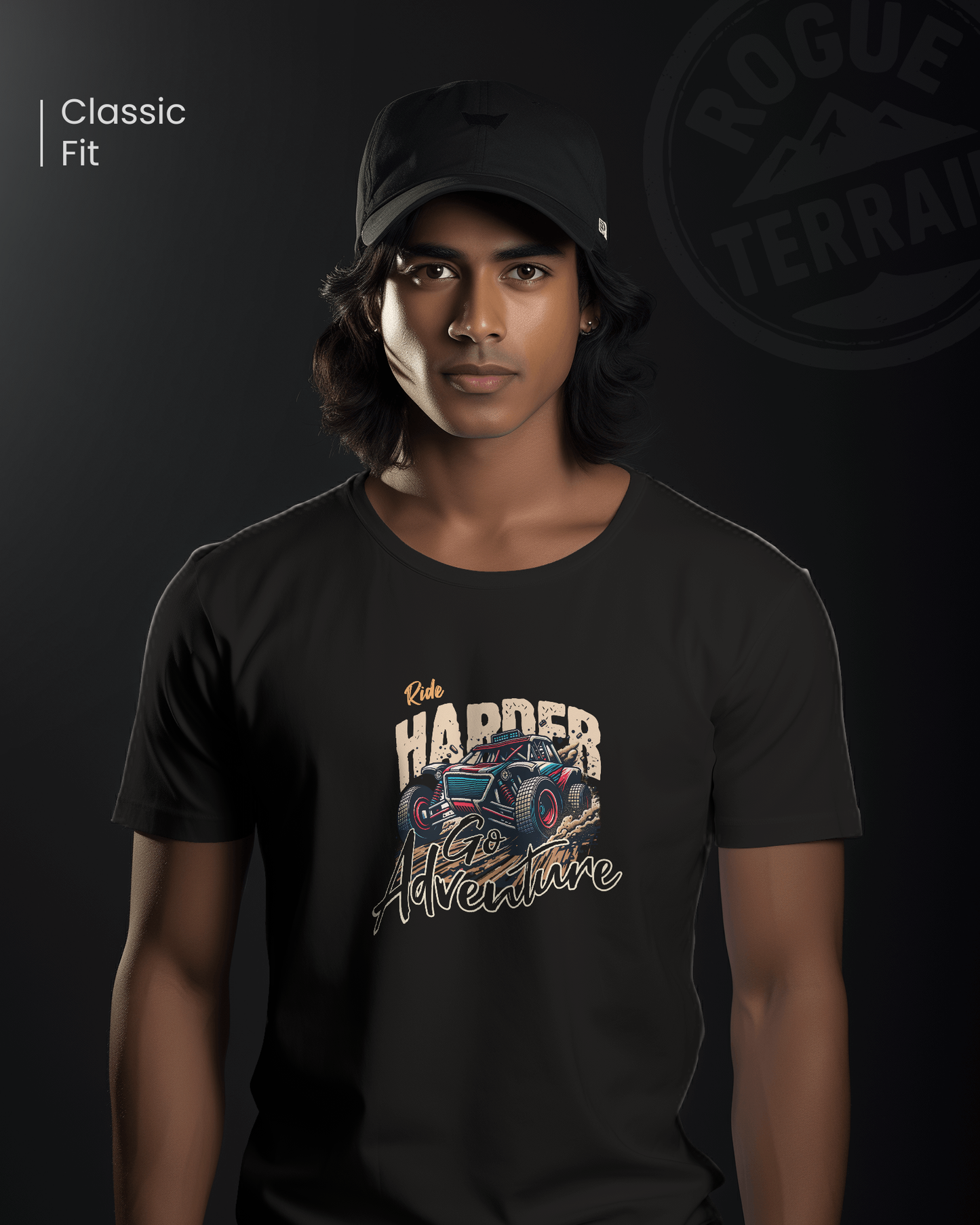 Male model styled in Qurrito’s Ride Hard Offroad Buggy Illustration Graphic T-Shirt, a regular-fit cotton tee that radiates high-octane energy. Designed for those who live loud and drive harder, this tee captures energetic, pumped, grumpy, and irritated moods through its bold offroad-inspired design.