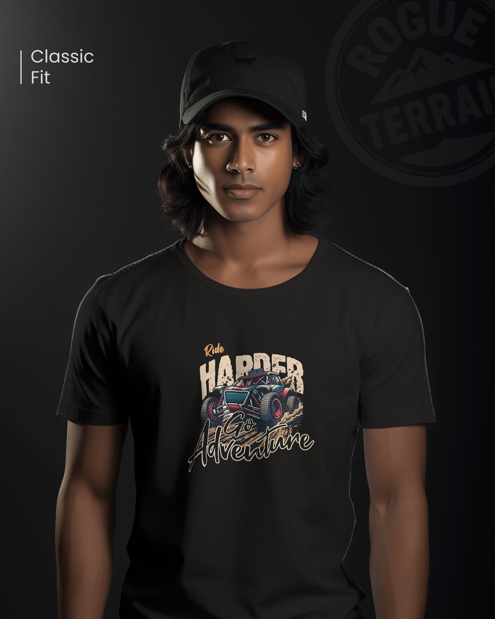 Male model styled in Qurrito’s Ride Hard Offroad Buggy Illustration Graphic T-Shirt, a regular-fit cotton tee that radiates high-octane energy. Designed for those who live loud and drive harder, this tee captures energetic, pumped, grumpy, and irritated moods through its bold offroad-inspired design.