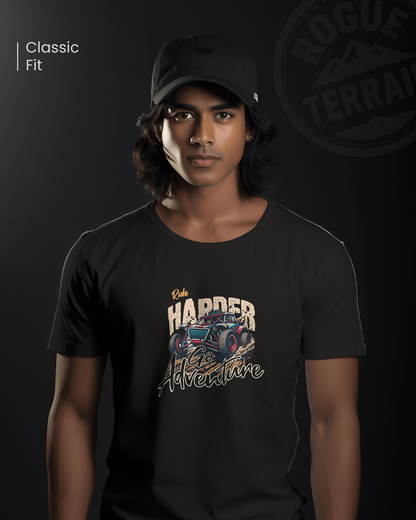 Male model styled in Qurrito’s Ride Hard Offroad Buggy Illustration Graphic T-Shirt, a regular-fit cotton tee that radiates high-octane energy. Designed for those who live loud and drive harder, this tee captures energetic, pumped, grumpy, and irritated moods through its bold offroad-inspired design.