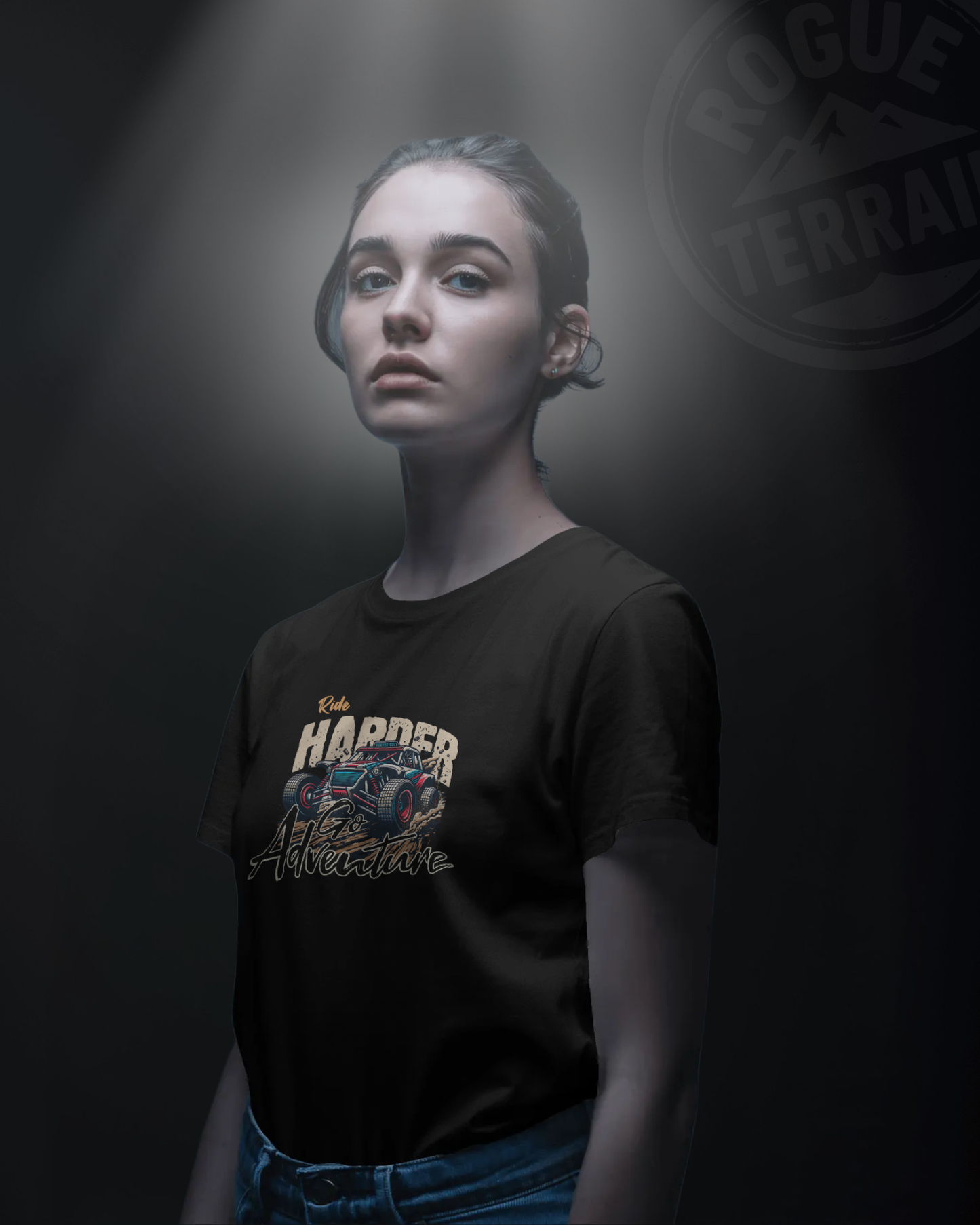 Female model wearing Qurrito’s Buggy Illustration Regular-Fit T-Shirt featuring the “Ride Hard Go Adventure” offroad print in rugged tones. This cotton tee blends streetwear with outdoor grit, expressing energetic, pumped, grumpy, and irritated moods — perfect for bold and adventurous personalities.