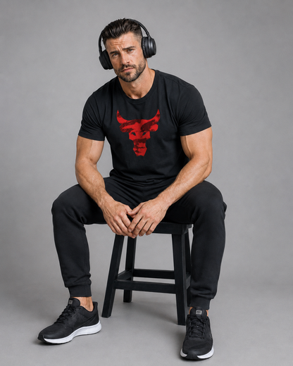 BULL black Supima cotton graphic t-shirt with red bull print for men by QURRiTO
