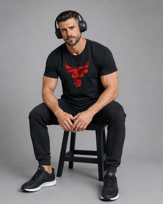 BULL black Supima cotton graphic t-shirt with red bull print for men by QURRiTO
