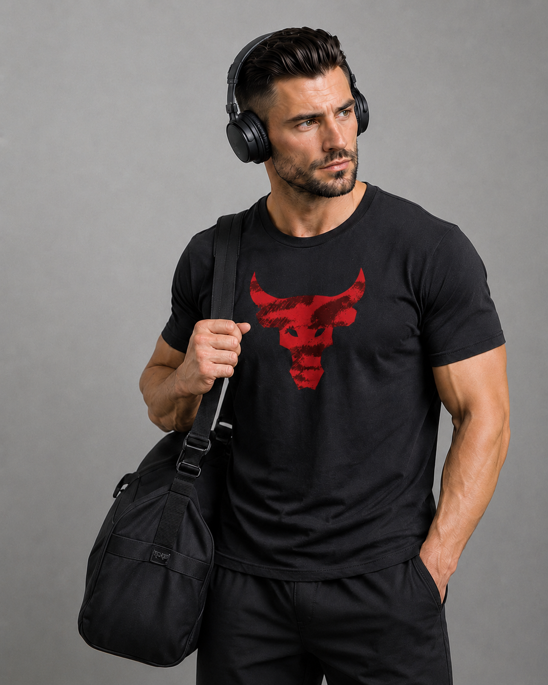Black bull graphic gym t-shirt for men with red bull design by QURRiTO

