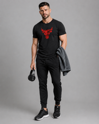 Black gym t-shirt with bold red bull graphic print by QURRiTO