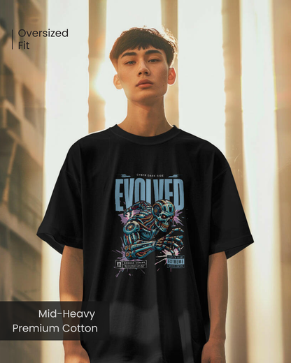 Man wearing Qurrito’s Cyberpunk Dark Side Evolved Oversized T-Shirt in black mid-heavy premium cotton, styled with casual trousers. The bold futuristic robot graphic gives mysterious, dark, and confident streetwear mood vibes, perfect for men’s cyberpunk fashion or oversized tees look.