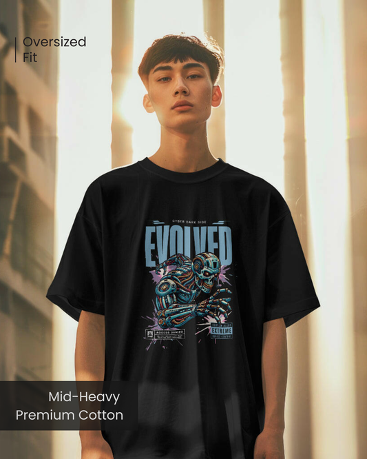 Man wearing Qurrito’s Cyberpunk Dark Side Evolved Oversized T-Shirt in black mid-heavy premium cotton, styled with casual trousers. The bold futuristic robot graphic gives mysterious, dark, and confident streetwear mood vibes, perfect for men’s cyberpunk fashion or oversized tees look.