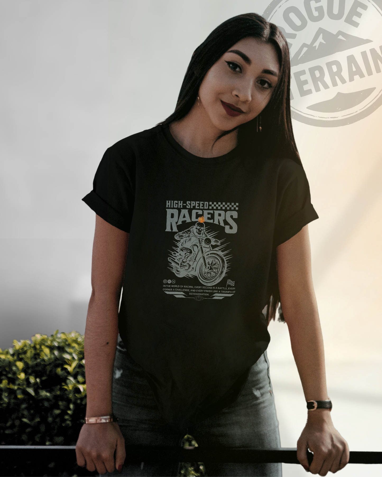 Confident and Pumped Mood Flame Rider tee. Rogue Terrain Collection by Qurrito. Regular Fit cotton T-Shirt for an uncompromising streetwear look.