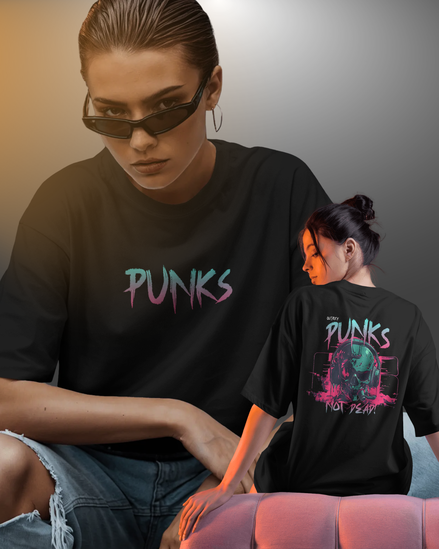 Confident model in a dark black oversized unisex tee with a mysterious pink and blue "Punks" front print. Features the "Punks Not Dead" skull graphic on the back. Bold streetwear drop-shoulder fit for a pumped and edgy look.