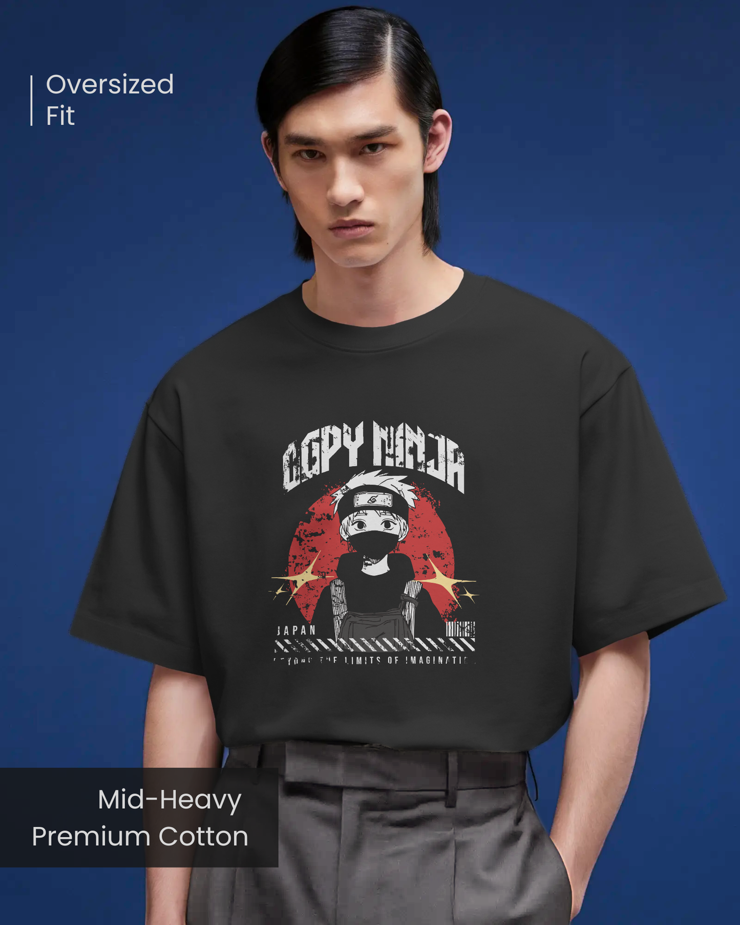 Man wearing Qurrito’s Copy Ninja Red Sun Oversized T-Shirt, a black anime streetwear tee featuring a bold Japanese ninja print. The serious and confident mood makes it perfect for casual statement looks and anime-inspired fashion.