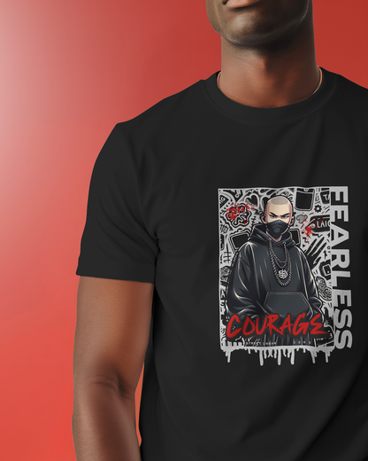 Dark mood anime graphic streetwear T-shirt for a confident look. Regular fit black cotton tee with a masked figure and bold typography.