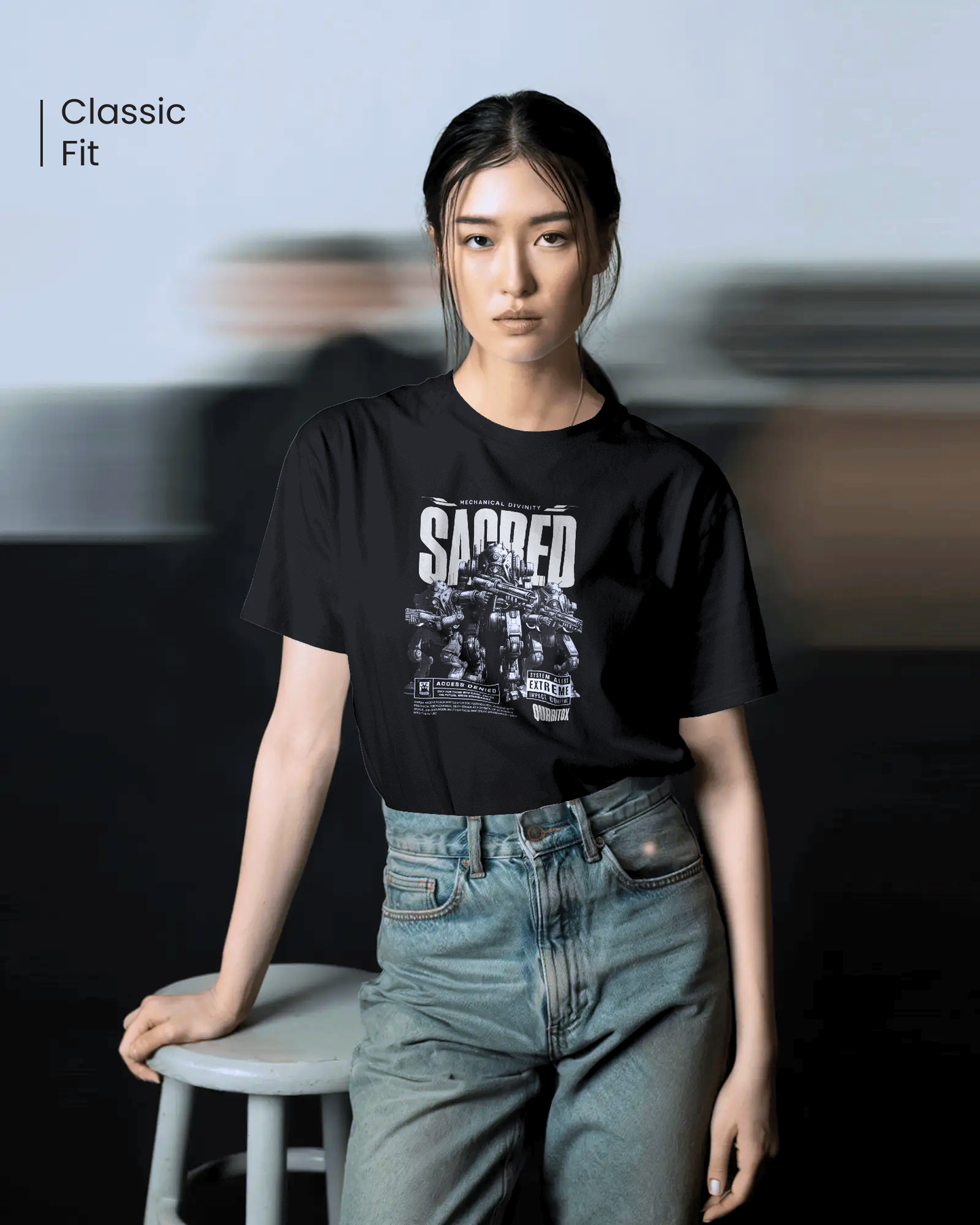 Woman wearing Qurrito’s Cyberpunk T-Shirt – Sacred Mecha Divinity Regular Fit. The futuristic robot design and black cotton fabric express a dark, mysterious, and bold streetwear mood with confident energy.