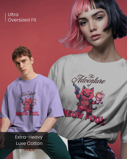 Dual product shot with a strong dark aesthetic, showcasing the Extra-Heavy Luxe Cotton and Ultra Oversized Fit. Features one model in lavender and one in white unisex Meow Pool graphic tees.