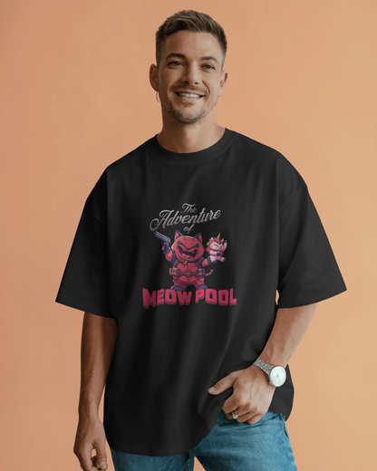 Smiling male model wearing the dark and quirky Ultra Oversized Fit Meow Pool t-shirt in black. This unisex heavyweight tee features the mercenary cat graphic, perfect for a streetwear look.
