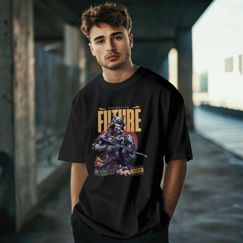 Man in Qurrito’s Oversized Cyberpunk T-Shirt – Dark Side of the Future styled with slim black trousers for a serious, focused, and bold futuristic look. The cyber mecha robot print makes it ideal for men’s urban fashion, dark graphic streetwear, and oversized t-shirt outfits.