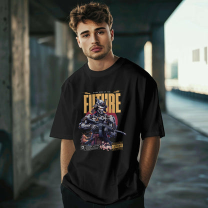 Man in Qurrito’s Oversized Cyberpunk T-Shirt – Dark Side of the Future styled with slim black trousers for a serious, focused, and bold futuristic look. The cyber mecha robot print makes it ideal for men’s urban fashion, dark graphic streetwear, and oversized t-shirt outfits.