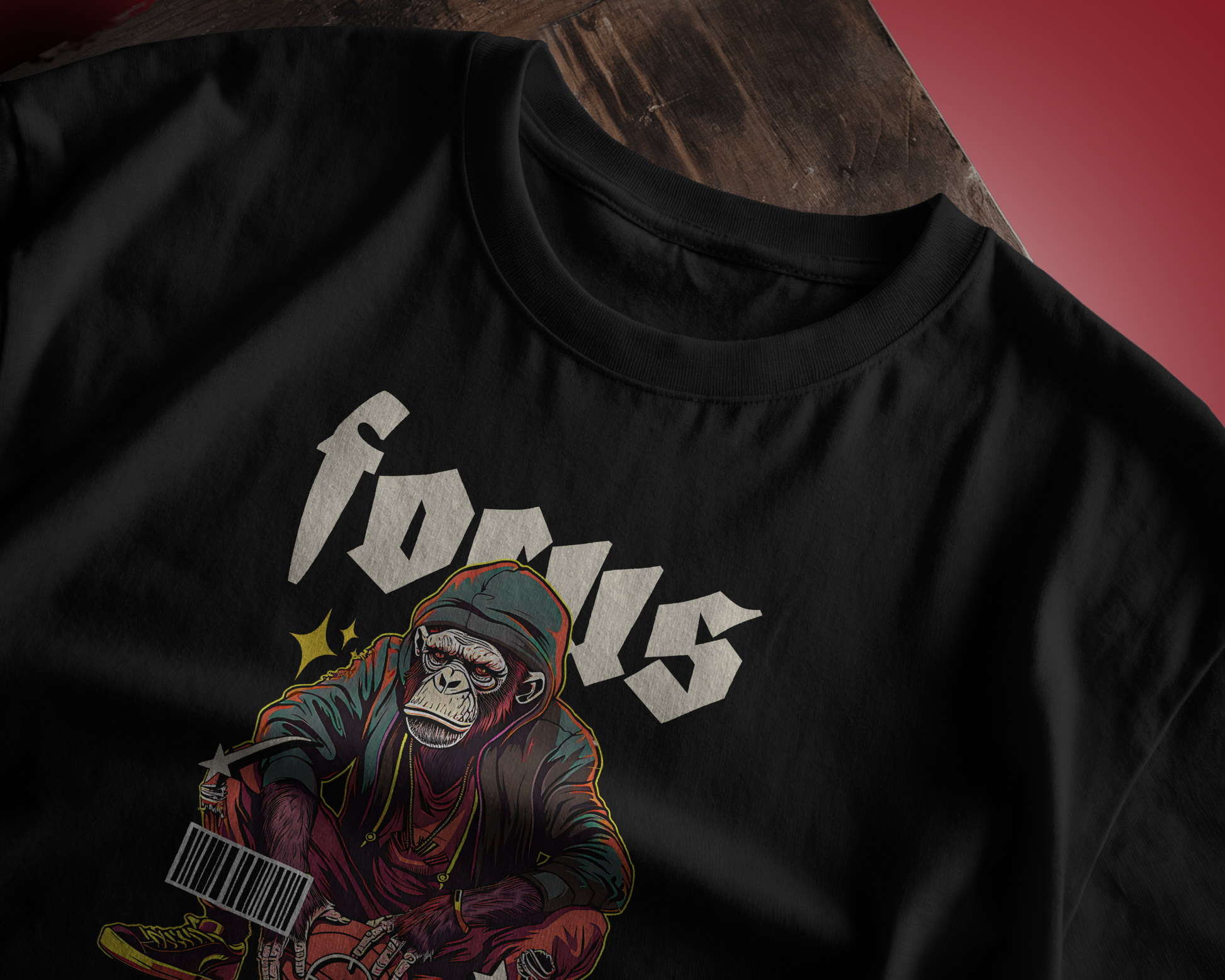 Close-up of Qurrito’s Focus Basketball T-Shirt with colorful monkey graphic and bold typography. This regular fit tee embodies playful, quirky, energetic, and pumped moods — designed for those who bring energy to every move.