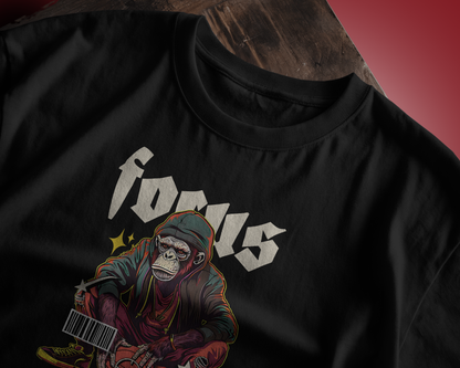 Close-up of Qurrito’s Focus Basketball T-Shirt with colorful monkey graphic and bold typography. This regular fit tee embodies playful, quirky, energetic, and pumped moods — designed for those who bring energy to every move.