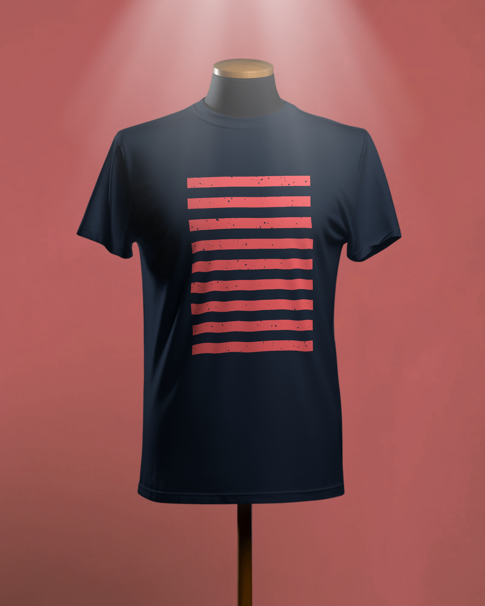 Mannequin display of the Qurrito Stripes of Boldness T-Shirt, emphasizing the bold red graphic on the navy fabric. A clean product shot of the minimalist and regular-fit unisex top.