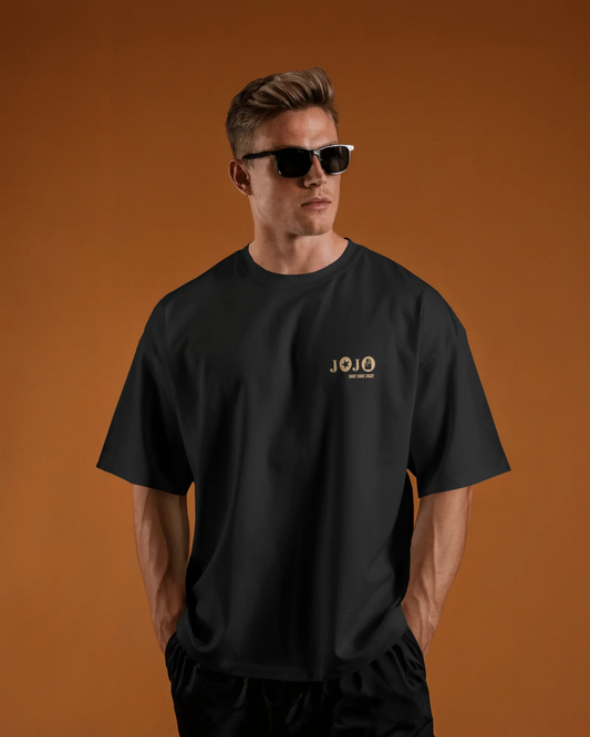 Black anime streetwear t-shirt with JOJO embroidered graphic in minimalistic oversized fit