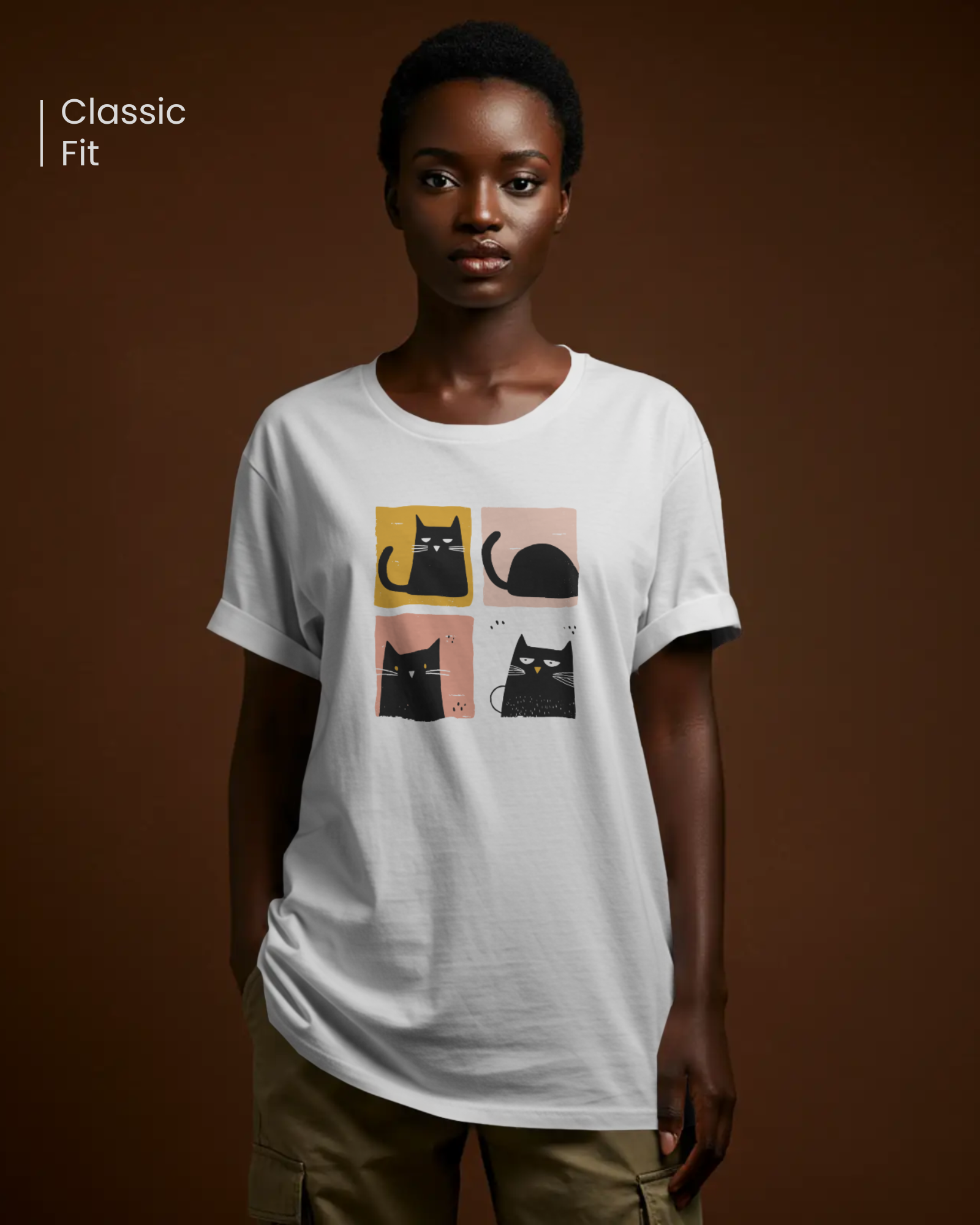 Female model wearing Qurrito’s Funny Cat Print T-Shirt with four quirky black cat illustrations in minimal blocks, crafted from soft premium cotton in a relaxed regular fit. women’s cat t-shirt, quirky graphic tee, casual streetwear cotton.