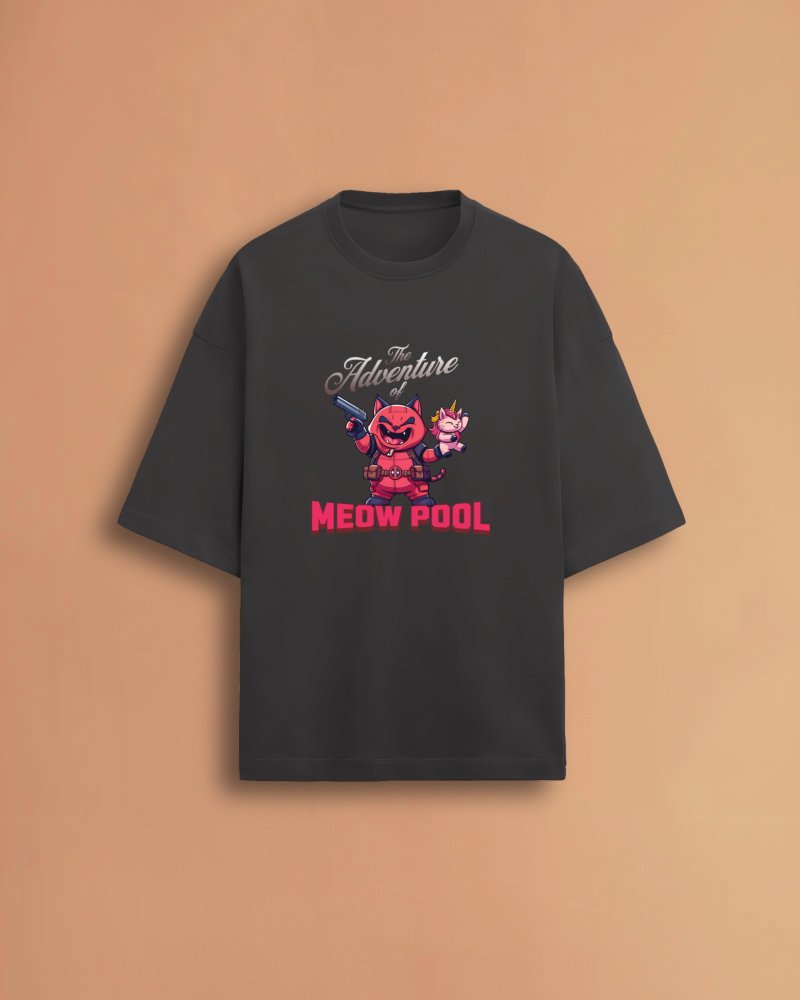 Clean product shot of the funny Qurrito Meow Pool black graphic tee, displayed hanging. The dark color highlights the pink and red mercenary cat design on this heavyweight and ultra-oversized garment.