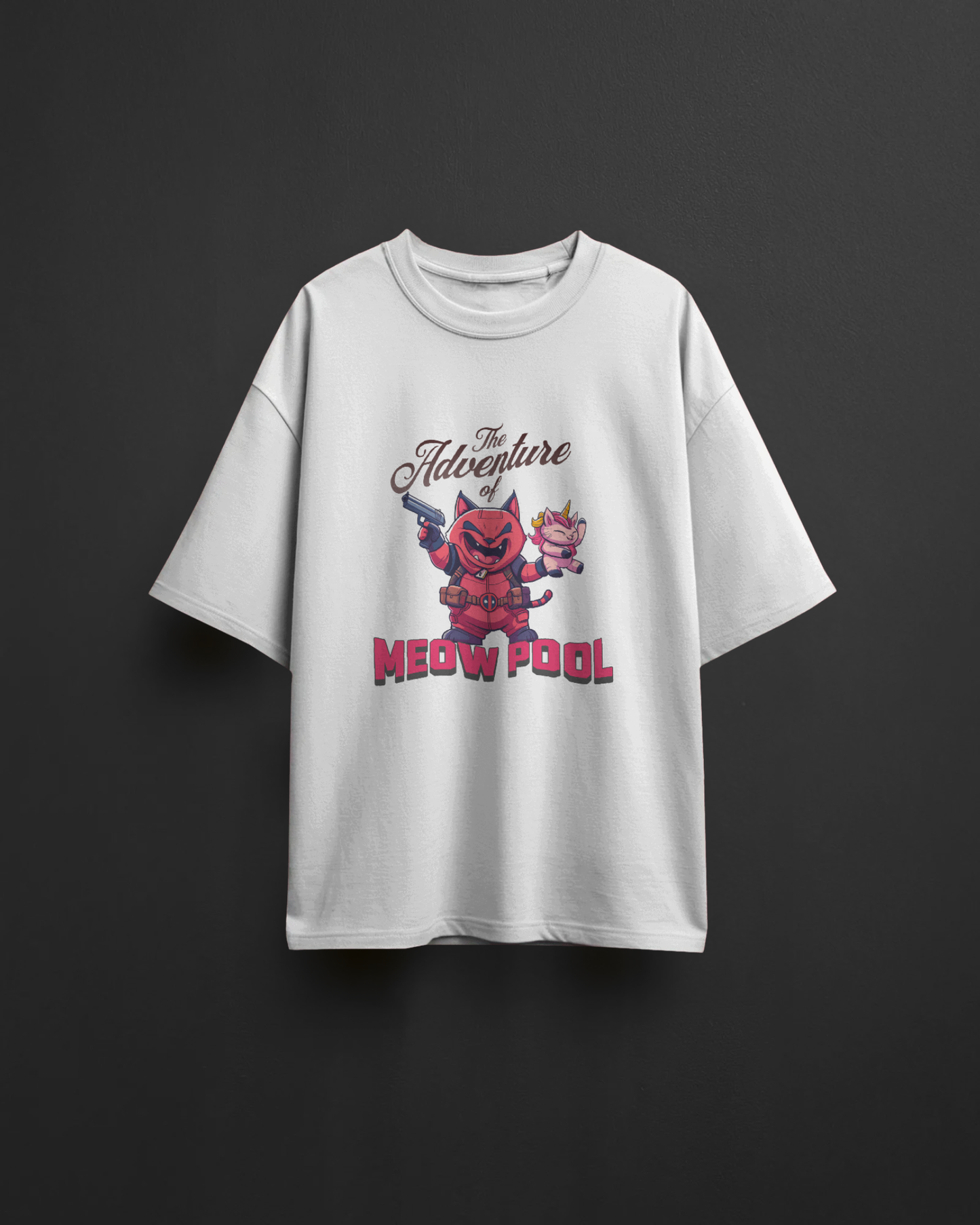 Funny "The Adventure of Meow Pool" oversized white t-shirt flat-lay against a dark background. A clean product shot of the unisex heavyweight graphic tee.