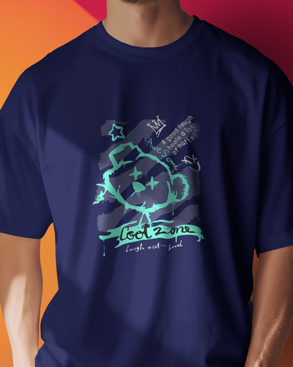 Close-up of Qurrito’s Goth Teddy T-Shirt Coolzone Neon Teddy Regular Fit in navy blue. The glowing teal teddy design with graffiti text adds a playful yet dark urban streetwear vibe.