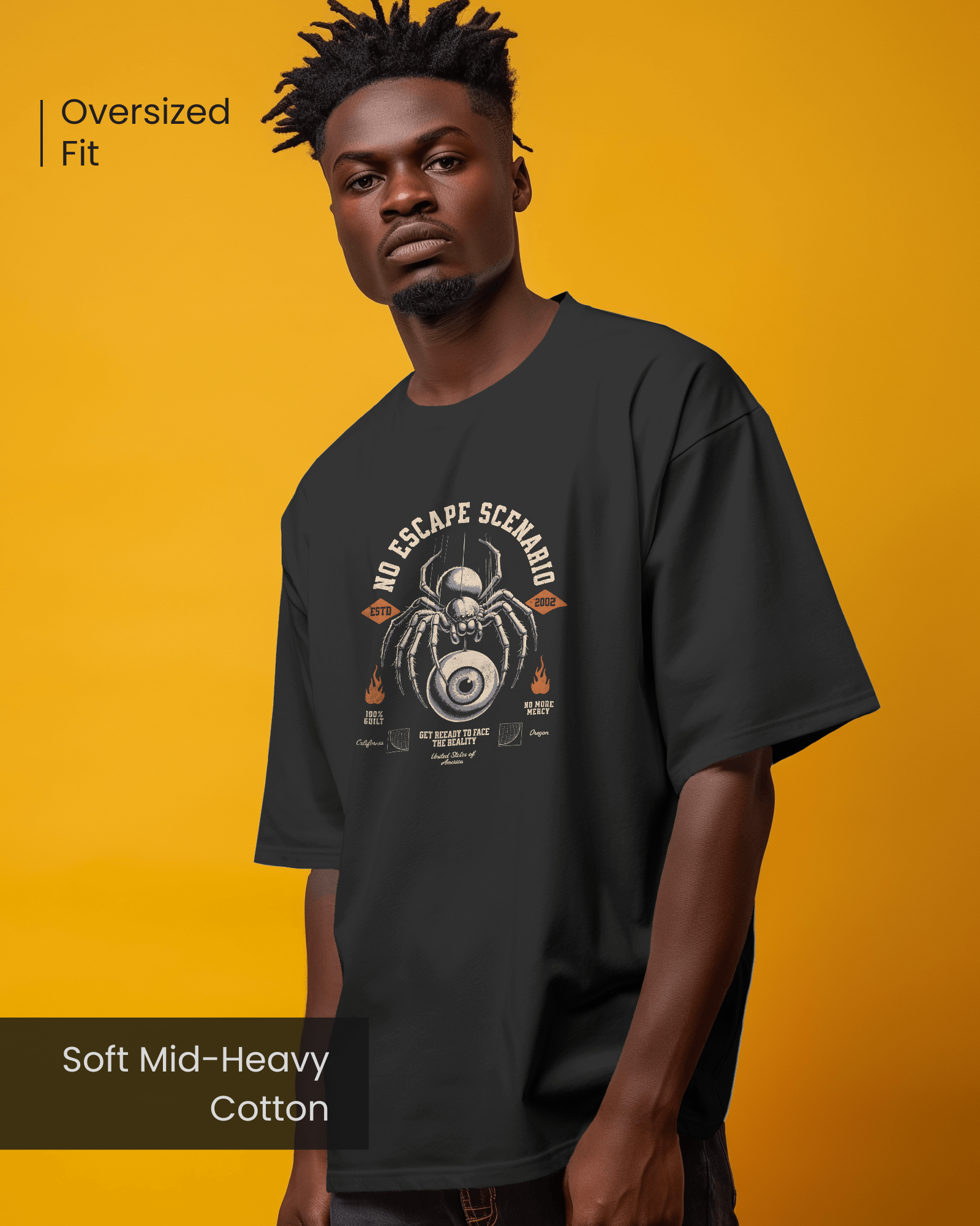 Male model wearing Qurrito’s Gothic Horror T-Shirt featuring spider and eye graphic with “No Escape Scenario” text, made from soft mid-heavy cotton in a relaxed oversized streetwear fit.