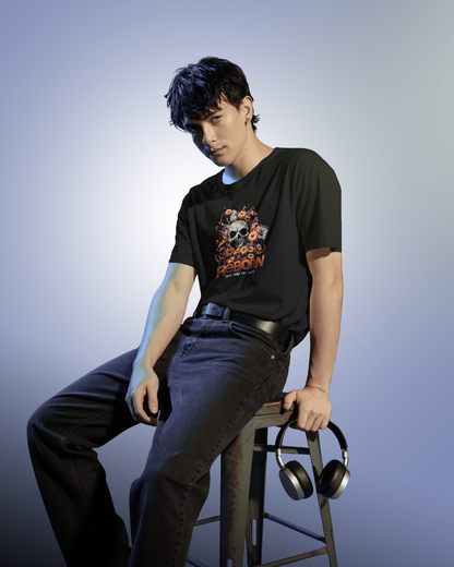 Man wearing Gothic Streetwear T-shirt featuring a mysterious skull and pumpkin graphic. Quirky mood regular fit design by Qurrito.