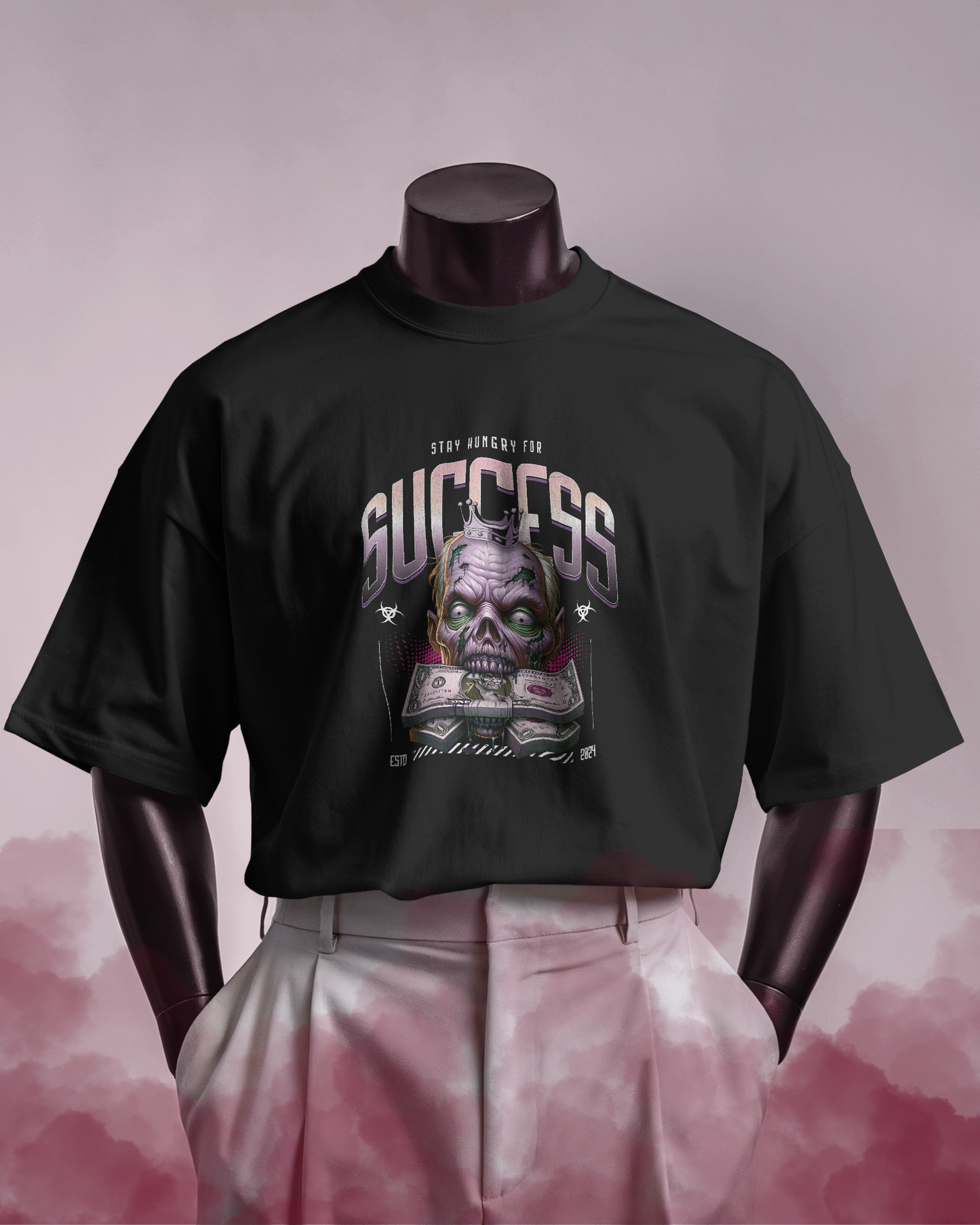 Close-up of Qurrito’s Gothic Streetwear T-Shirt – Success Zombie Crown Oversized Fit. The eerie zombie king design with neon hues exudes a mysterious, bold, and confident dark streetwear vibe.