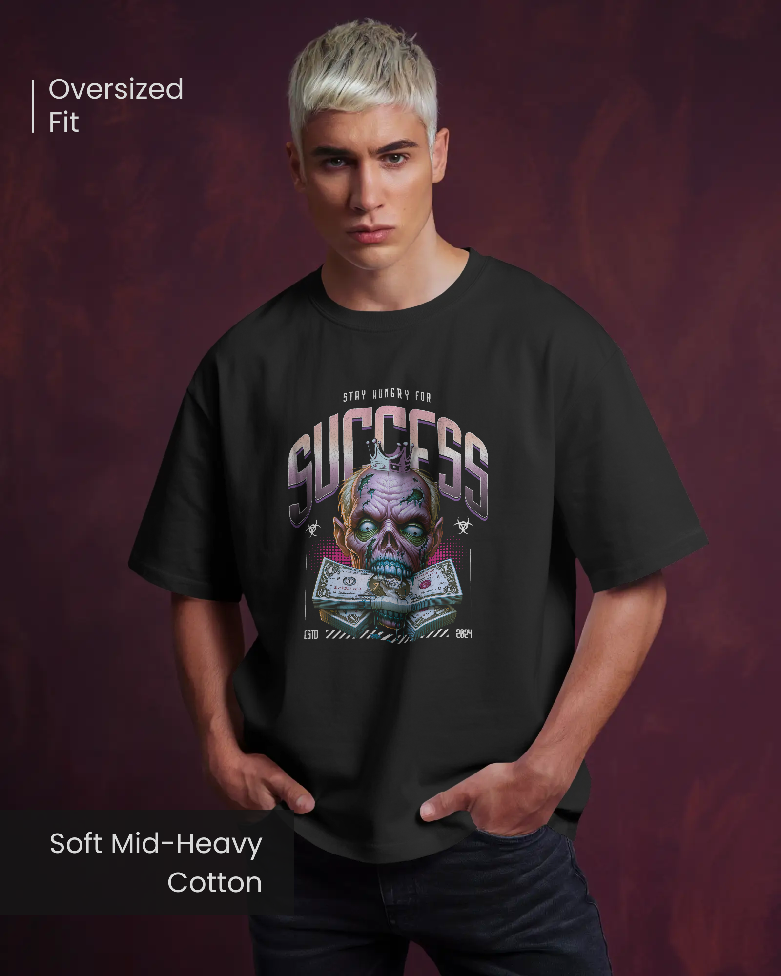 Man wearing Qurrito’s Gothic Success Zombie Oversized Fit T-Shirt. The intense skull crown graphic radiates a mysterious and bold mood attitude, perfect for confident streetwear styling.