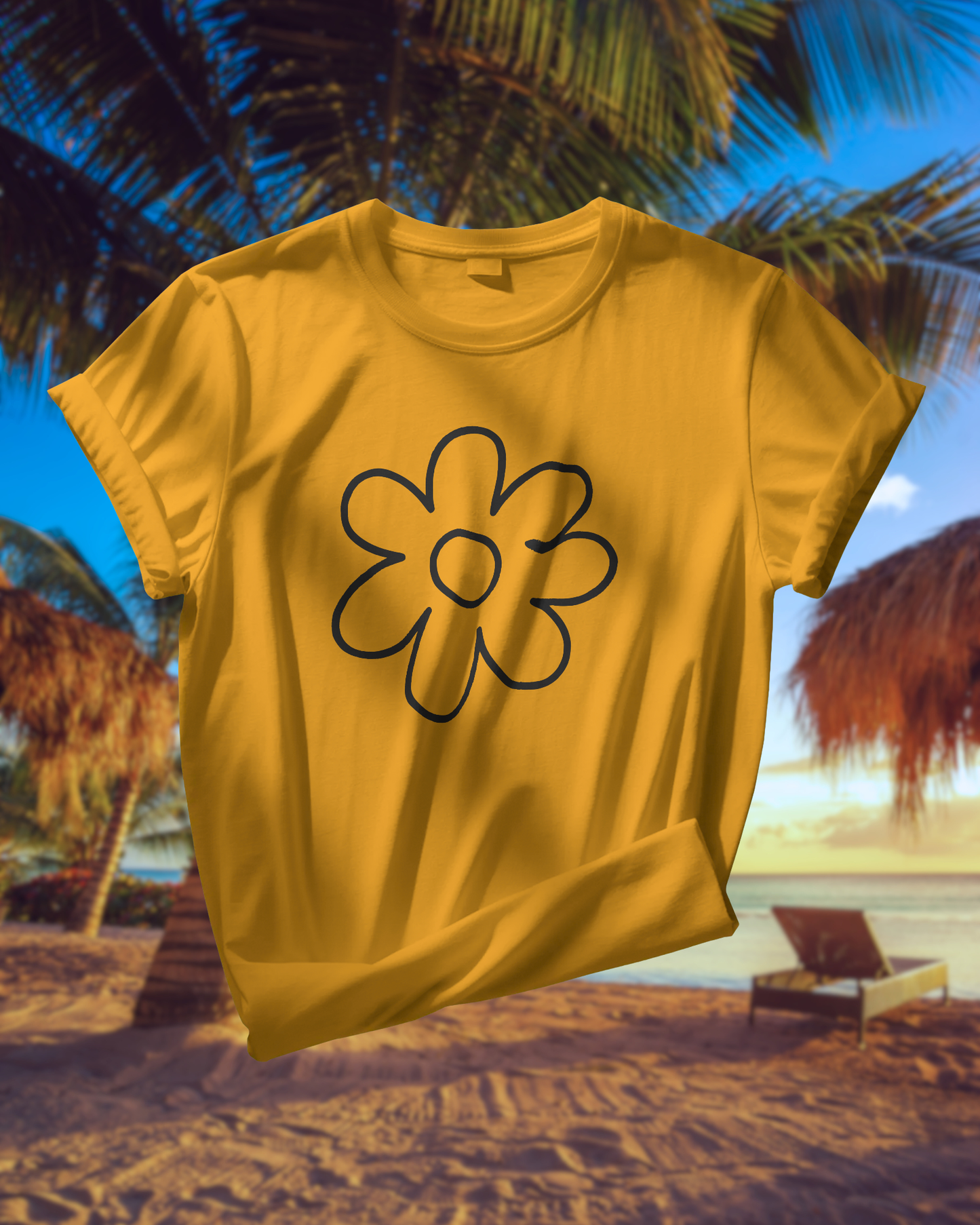 Floating product shot of the happy and cheerful Yellow Floral Graphic T-Shirt against a sunny beach background with palm trees. This unisex regular-fit tee is ideal for a relaxed summer or vacation look.