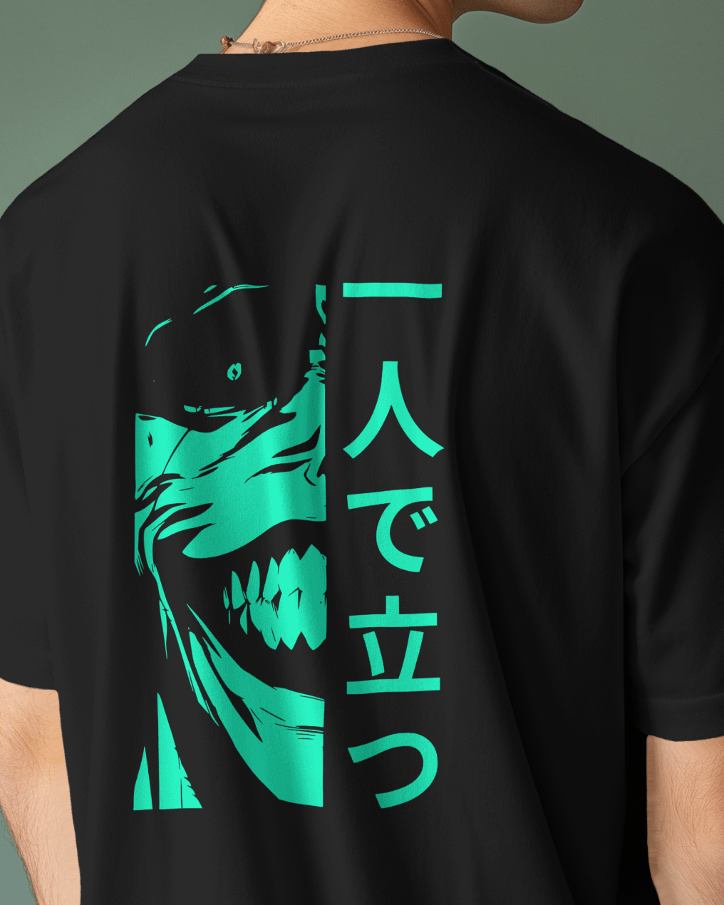 Back view of  Qurrito’s Japanese Print Oversized T-shirt – Solo Leveling Stand Alone, featuring teal anime graphics on black mid-heavy premium cotton. This anime streetwear design radiates mysterious, dark, confident, bold, serious, and focused moods — perfect for fans of edgy Japanese fashion.