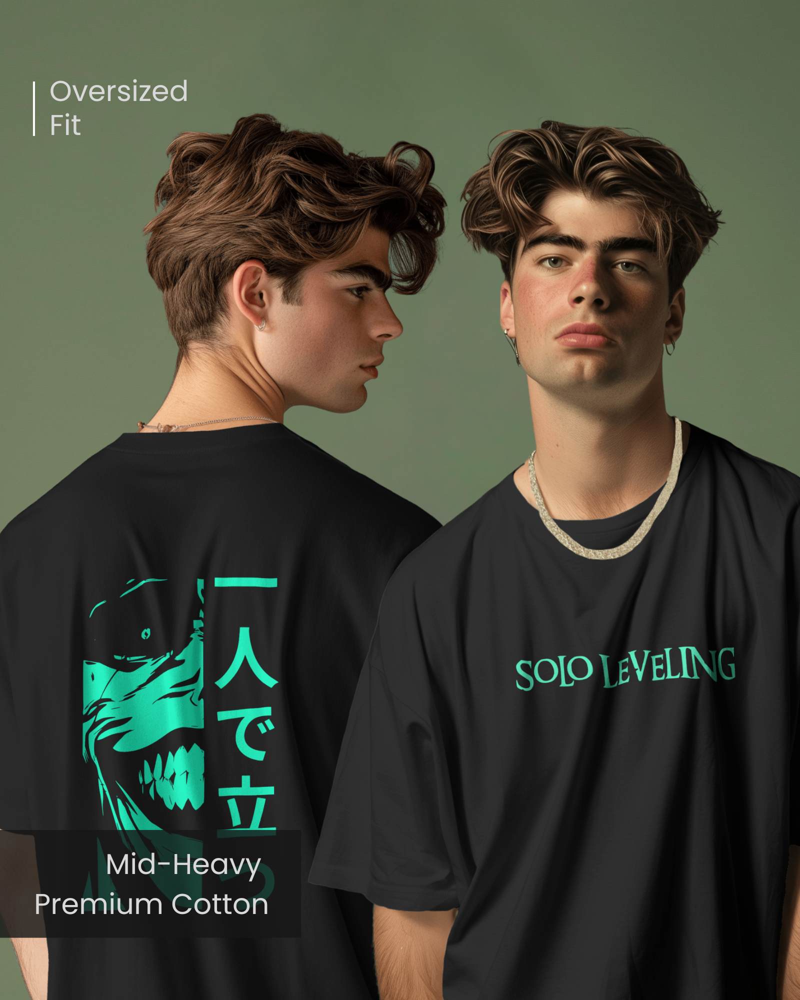 Front and back view of a model wearing Qurrito’s Japanese Print Oversized T-shirt – Solo Leveling Stand Alone, featuring teal anime graphics on black mid-heavy premium cotton. This anime streetwear design radiates mysterious, dark, confident, bold, serious, and focused moods — perfect for fans of edgy Japanese fashion.
