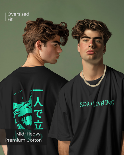 Front and back view of a model wearing Qurrito’s Japanese Print Oversized T-shirt – Solo Leveling Stand Alone, featuring teal anime graphics on black mid-heavy premium cotton. This anime streetwear design radiates mysterious, dark, confident, bold, serious, and focused moods — perfect for fans of edgy Japanese fashion.