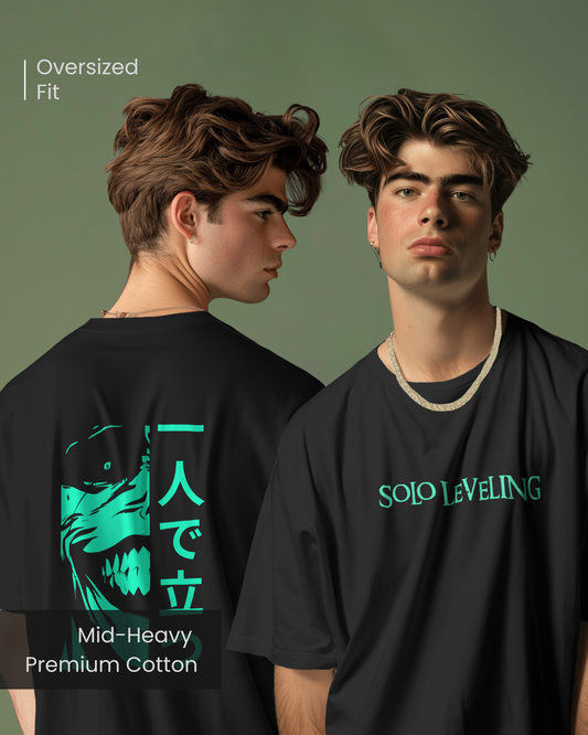 Front and back view of a model wearing Qurrito’s Japanese Print Oversized T-shirt – Solo Leveling Stand Alone, featuring teal anime graphics on black mid-heavy premium cotton. This anime streetwear design radiates mysterious, dark, confident, bold, serious, and focused moods — perfect for fans of edgy Japanese fashion.