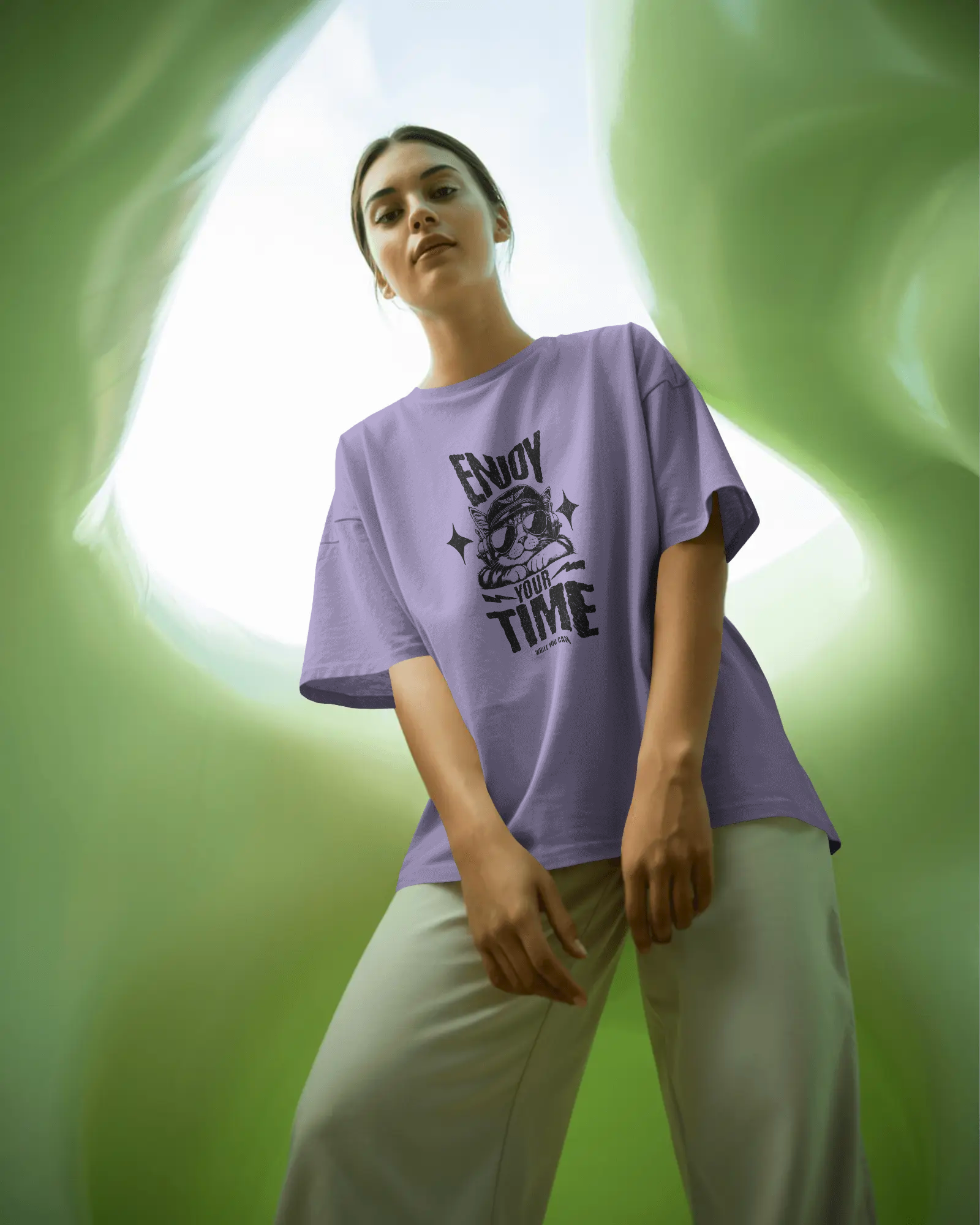 Lavender Positive Message Oversized T-Shirt by Qurrito styled with off-white wide-leg pants, giving a chill mood and relaxed streetwear look. A minimal quote print tee perfect for happy, easygoing moods and everyday wear.