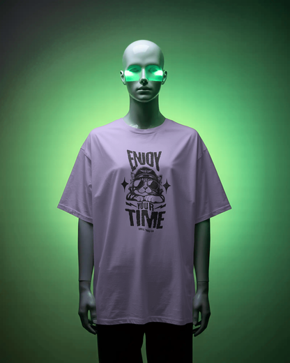 Lavender Positive Message Oversized Tee by Qurrito on a mannequin with glowing neon light. The tee’s oversized unisex fit reflects fun, chill, and quirky energy, making it a modern streetwear essential.