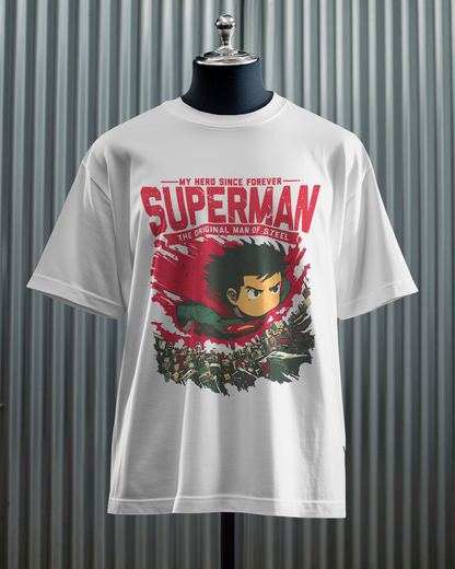Qurrito Man of Steel graphic t-shirt on a mannequin. The white, Regular Fit tee displays a Confident Hero Graphic print of an anime-style Superman with a red, grunge-style background and a cityscape.
