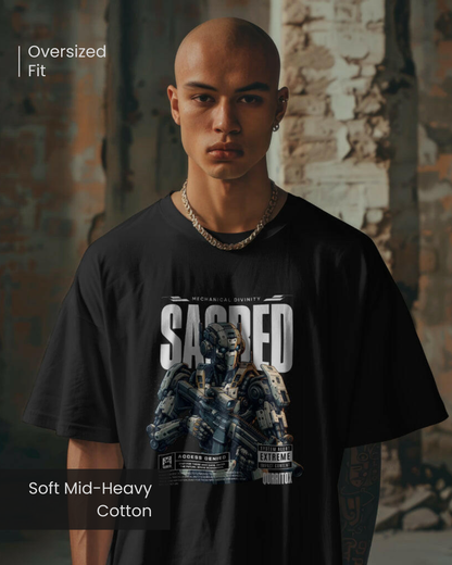 Man wearing oversized "Sacred" T-shirt with a focused mood, mysterious cyborg graphic. Bold statement futuristic design. Soft Mid-Heavy Cotton feel. Qurrito.