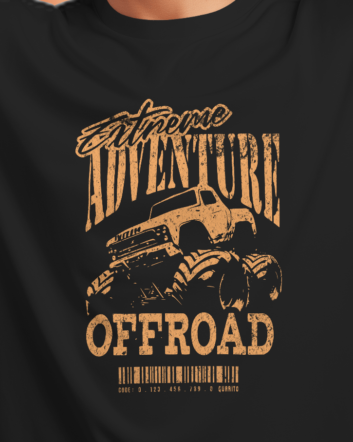 Closeup of Qurrito’s Extreme Offroad Trailwear Monster Truck Graphic T-Shirt featuring bold typography and adventure graphics. The regular-fit cotton tee embodies energetic, pumped, playful, and quirky moods — ideal for those who live for thrill, motion, and expressive streetwear.